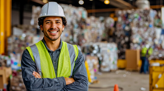 A man in a hard hat and safety vest is smiling and standing in a warehouse filled with stacked boxes - Powered by Adobe