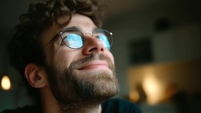 Portrait of a happy young man posing at home or in the office, under soft natural light highlighting positivity and confidence, serene home or workplace scene, calm indoor lighting