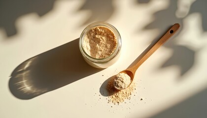 Jar of lion mane mushroom powder. Wooden spoon holds natural supplement powder on cream surface. Sunlight casts long shadows. Organic ingredient promotes wellness, brain health, overall well-being.