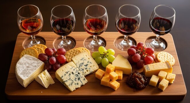 Cheese and wine tasting board with grapes and crackers - Powered by Adobe