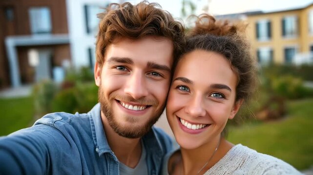 Portrait of a happy young couple standing in front of their new house, with keys in hands, smiling man and woman posing near modern home, making selfie, real estate agency, house o
