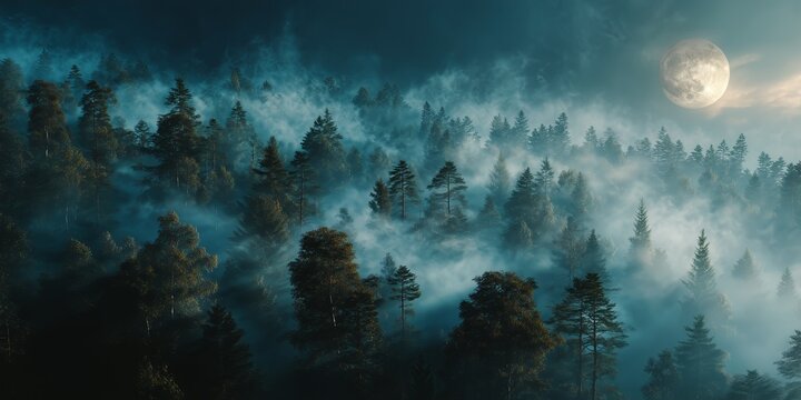 Moonlight filters through a foggy forest, casting an ethereal glow on mist-covered trees. The scene conveys mystery, serenity, and nature’s enchantment. - Powered by Adobe
