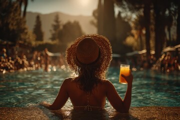 Woman relaxing by a poolside in a sun hat, holding an orange juice drink at sunset vacation mood