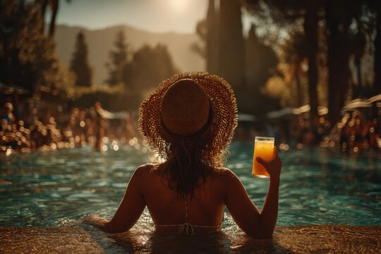 Woman relaxing by a poolside in a sun hat, holding an orange juice drink at sunset vacation mood