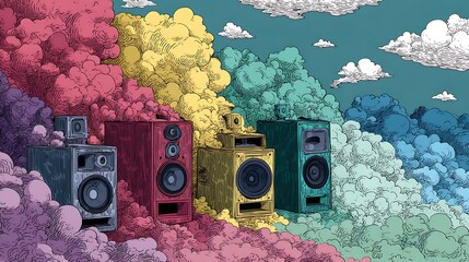 Mobile phone with cloud computing technology featuring music and speaker icons in a digital design