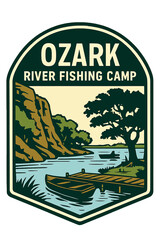 Fototapeta premium Ozark river fishing camp badge with scenic nature, dock, boat, trees and cliffs in retro patch style. Vintage fishing vector emblem badge patch, retro design, transparent background