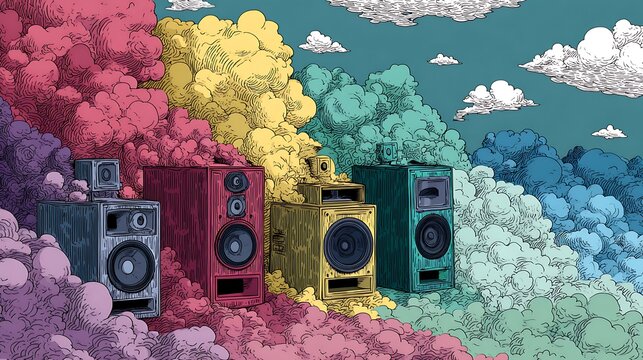 Mobile phone with cloud computing technology featuring music and speaker icons in a digital design