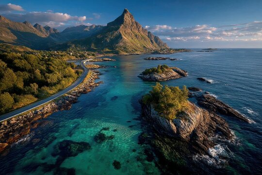 Aerial coastal landscape with winding road, rocky islands, and dramatic mountain backdrop under blue sky and sunlight - Powered by Adobe