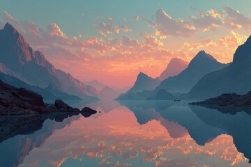 Spectacular sunset over jagged mountains reflecting in a tranquil lake at dusk