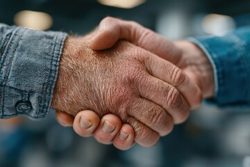 Fototapeta premium Two people in denim shake hands in a confident business handshake symbolizing partnership and trust