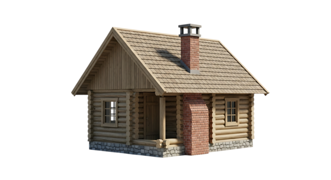 Detailed wooden log cabin with shingled roof and brick chimney, isolated on a transparent background, cutout, PNG