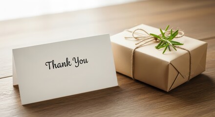 Elegant gift with thank you card on wooden surface