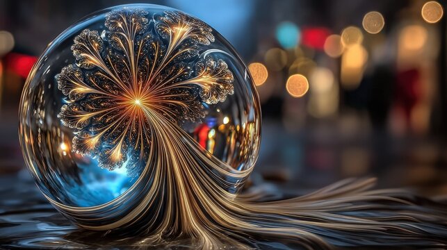 Glass sphere reflecting golden fractal light trails, copy space