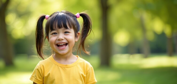 Happy little girl with Down syndrome smiles in park. Portrait of joyful child with pigtails and yellow shirt outdoors at summer. Nature background with green trees.