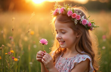 Naklejka premium Sweet girl holds a flower in a sunny meadow. She wears a floral wreath smiling with joy. Portrait of child in nature. Golden sunlight shines on the little girl at sunset.