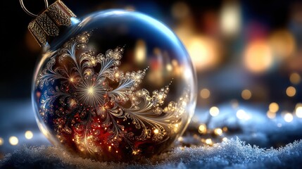 Transparent glass christmas ornament reflecting festive lights