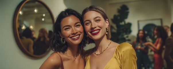 Two women smiling at a social event, dressed stylishly, posing together for a photo