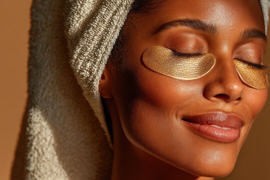 Close-up of a smiling woman with gold under-eye patches in a spa-like self-care moment