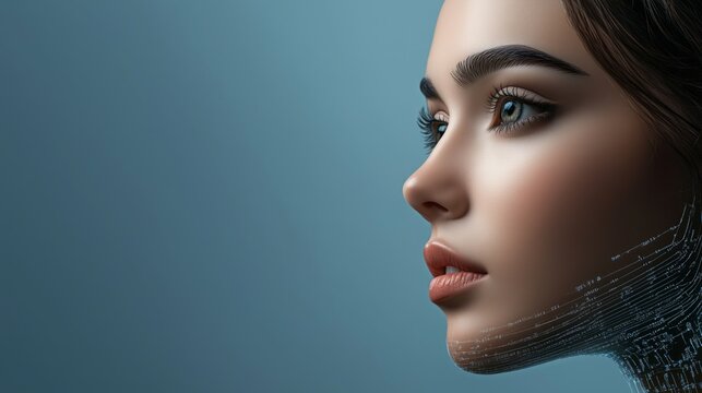 woman with a futuristic, cyborg like appearance. Her face is partially covered with a digital  lines, exudes grace, sophistication, and timeless beauty, elegance, detail, striking visual appeal.