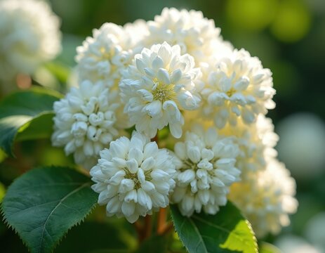 Snowball viburnum flowers with green foliage close. White guelder rose blooms in spring. Decorative plant in landscape design. Viburnum opulus Boul de Neige blooms. Flower blossom with lush leaves.
