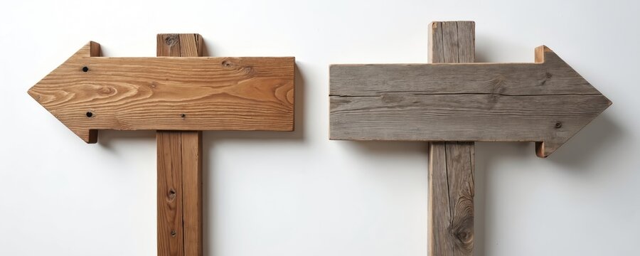Two arrow signs point right. One is rustic brown other is grey. They are made from wood planks. Signposts mounted on white background for web design. Direction concept for travel bloggers. - Powered by Adobe