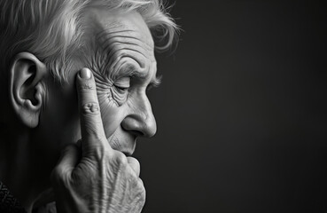 Elderly man face in profile. Finger touches temple near eye. Deep wrinkles show age, worry. Gray hair styled back. Dark background contrasts with pale skin. Looks thoughtful, perhaps sad. Hand near