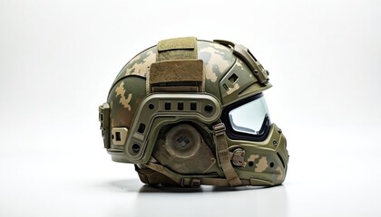 Obraz premium Advanced military tactical helmet with camo pattern and protective visor. Modern combat gear for soldier safety and operational readiness. Futuristic soldier headwear for battle.