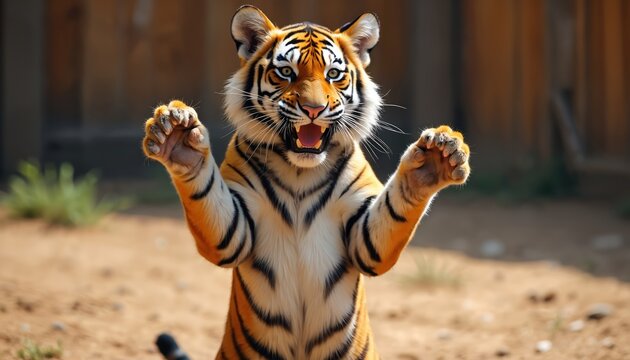 Young tiger stands on hind legs with paws up in playful pose outdoors. Majestic big cat shows off agility and strength, open mouth with sharp teeth, in its natural wild habitat.