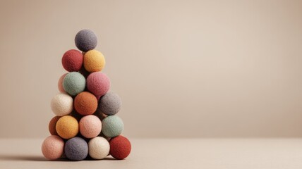 Stacked colorful wool balls on neutral background for cozy interior decor