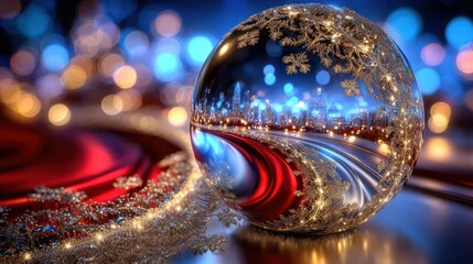Glass sphere reflecting festive city night lights, copy space