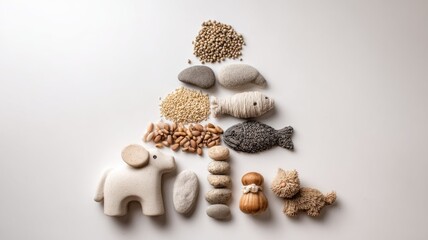 Eco-friendly natural toys and materials for creative play on neutral background