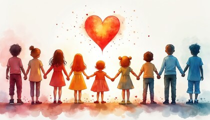 Watercolor painting of children holding hands beneath heart. Diverse kids stand together unity. Artwork represents love, community. Illustration about friendship, togetherness. Ideal for educational