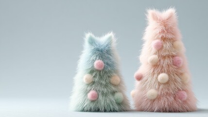 Whimsical furry christmas trees with colorful pom-poms