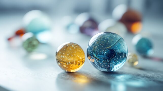 Captivating still life featuring translucent spheres on a reflective surface