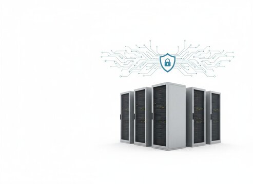 Secure data center concept with multiple grey server racks, glowing lights, a digital circuit board network, and a blue padlock shield icon on a clean white background. - Powered by Adobe