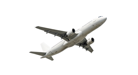 White passenger jet airplane, with twin engines flying upwards against a dark void isolated on a white or transparent background, cutout, PNG
