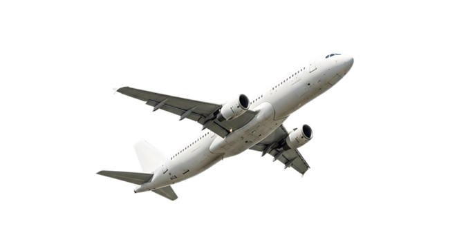White passenger jet airplane, with twin engines flying upwards against a dark void isolated on a white or transparent background, cutout, PNG