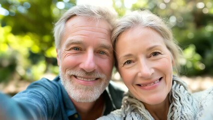 Happy active mid-aged couple taking selfie in park or in nature outdoors, love togetherness and active seniors vitality concept, under soft natural light highlighting joy and conne