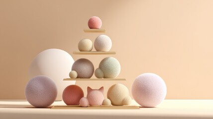 Pastel spheres and cat figurine pyramid on minimalist wooden shelves