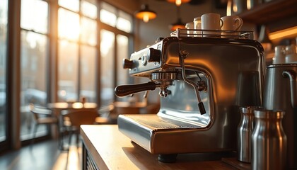 Modern espresso machine stands on counter in cafe. Sunlight streams through window casting warm glow. Metal pitchers and mugs suggest a busy coffee shop ready for business. Cozy atmosphere.