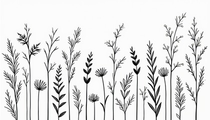 Minimalist black white line art plants stand tall. Simple natural botanical elements form chic elegant pattern. Abstract leaves, grass illustration with tiny buds create modern design. Provides clean