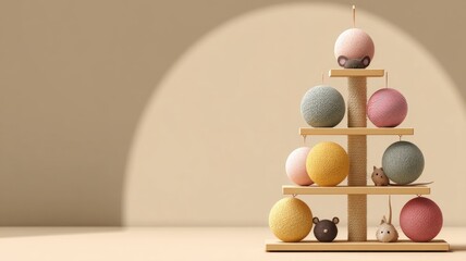 Minimalist cat scratch tree with colorful yarn balls and toy mice in soft light