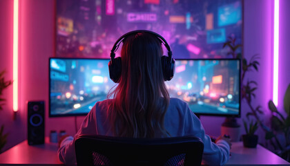 Female gamer plays video games on a computer setup. Young woman wears headphones looks at gaming monitors in room. Cyberpunk ambiance with neon lights. Entertainment tech concept.