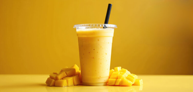 Refreshing yellow mango smoothie drink fills clear plastic cup. Black straw inside. Fresh sweet diced mango fruit pieces sit next to glass. Vibrant yellow background creates tropical summer mood,