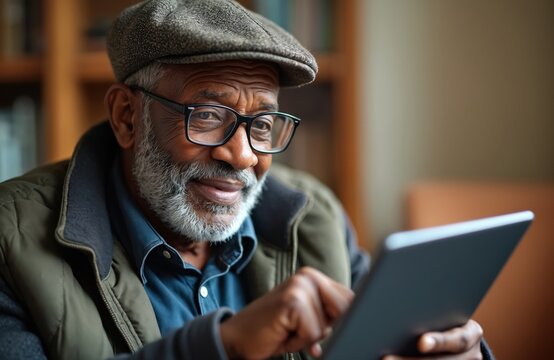 Elderly man wears glasses and cap, uses tablet computer. Senior person learns new digital skill in modern tech class. Happy older male explores online world.