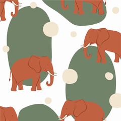 Playful Elephant Safari Boho Seamless Pattern with Earthy Tones and Abstract Shapes Design for Textiles