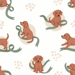 Adorable Golden Retriever Puppies and Ribbons Boho Seamless Pattern for Nursery Decor