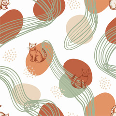 Cute Cats and Organic Abstract Shapes in a Warm, Earthy Boho Seamless Pattern for Decor
