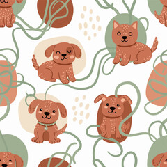 Whimsical Cartoon Dogs Boho Seamless Pattern, Abstract Elements, Earthy Palette, Pet Design