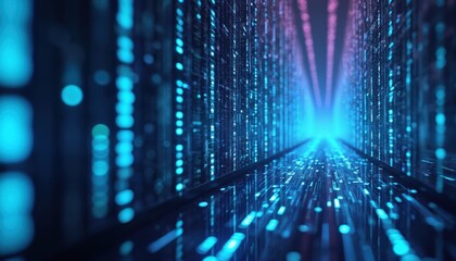 Abstract tech illustration shows a tunnel created with binary code data streams. Cyber futuristic design features digital data flow with glowing particles. Visual concept for AI.